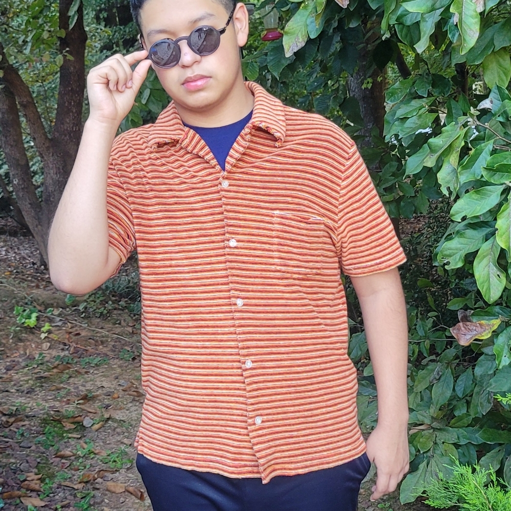 Vintage 90s GUESS Terry Striped Button Up Shirt, Orange & Brown size XL